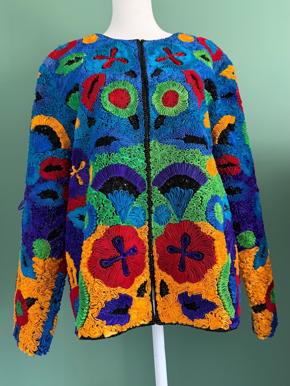 Vintage Tan Chho Vibrant Multicolor Silk Ribbon Jacket
